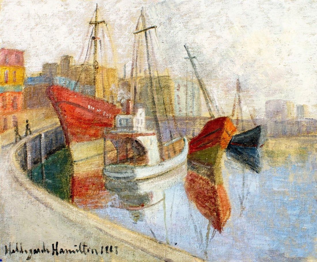 Hildegarde Hamilton (FL,VA,1898-1970) oil painting: ARTIST: Hildegarde Hume Hamilton (Florida, Virginia, 1898 - 1970) TITLE: Harbor Scene, La Boca, Buenos Aires, Argentina YEAR: 1968 MEDIUM: oil on canvas CONDITI