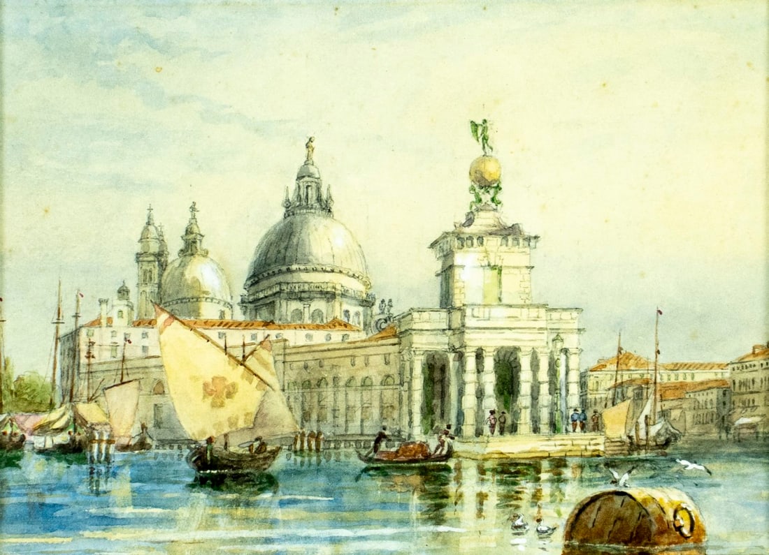 Antique early 20C Italian watercolor painting: ARTIST: - (Italy, early 20 century) TITLE: Venice Cityscape MEDIUM: watercolor on paper CONDITION: Some age toning. Some foxing. Framed under glass. Wear to frame.