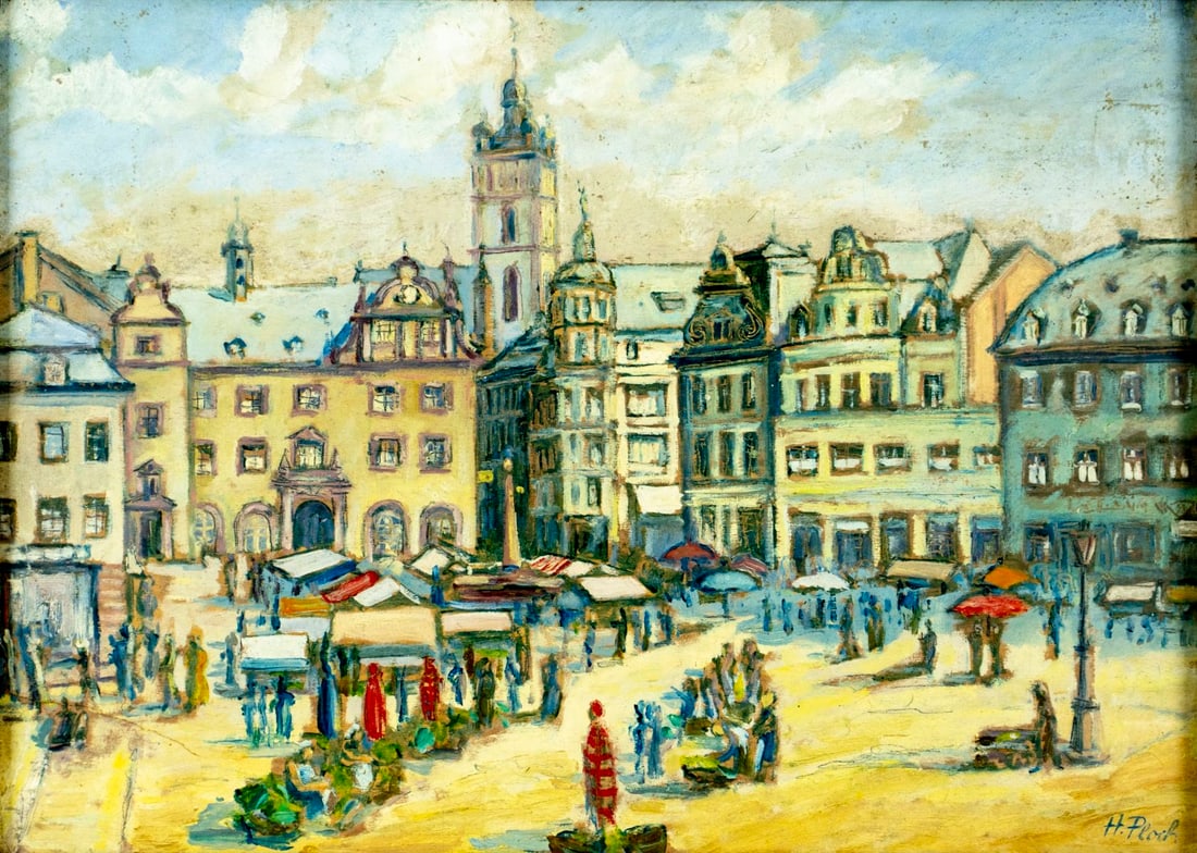 H Ploch (German,early 20C) oil painting antique: ARTIST: H Ploch (Germany, early 20 century) TITLE: Cityscape MEDIUM: oil on board CONDITION: One horizontal crack to the left edge. Some scratches/paint losses. No visible i
