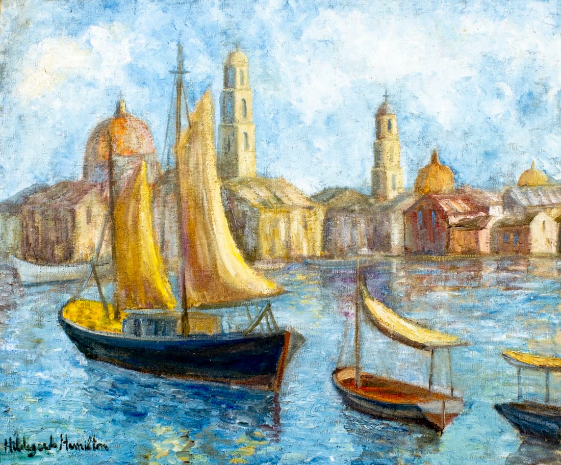 Hildegarde Hamilton (FL,VA,1898-1970) oil painting: ARTIST: Hildegarde Hume Hamilton (Florida, Virginia, 1898 - 1970) TITLE: Harbor Scene, Veracruz, Mexico MEDIUM: oil on canvas CONDITION: Unstretched (In-House stretching a