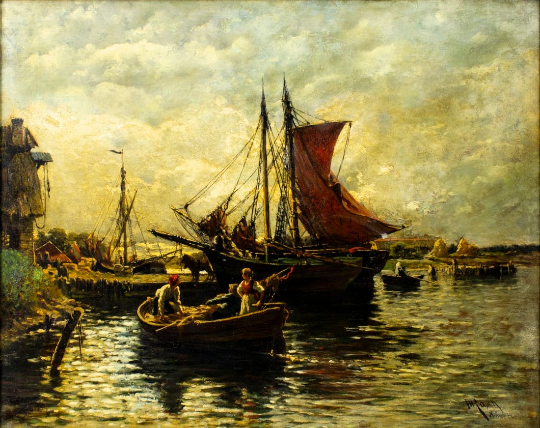 Heinrich Rasch (German,1840-1913) oil painting antique: ARTIST: Heinrich Rasch (Germany, 1840 - 1913) TITLE: Harbor Scene MEDIUM: oil on canvas CONDITION: Relined. Few small paint losses. Some craquelure. Some scattered inpaintin