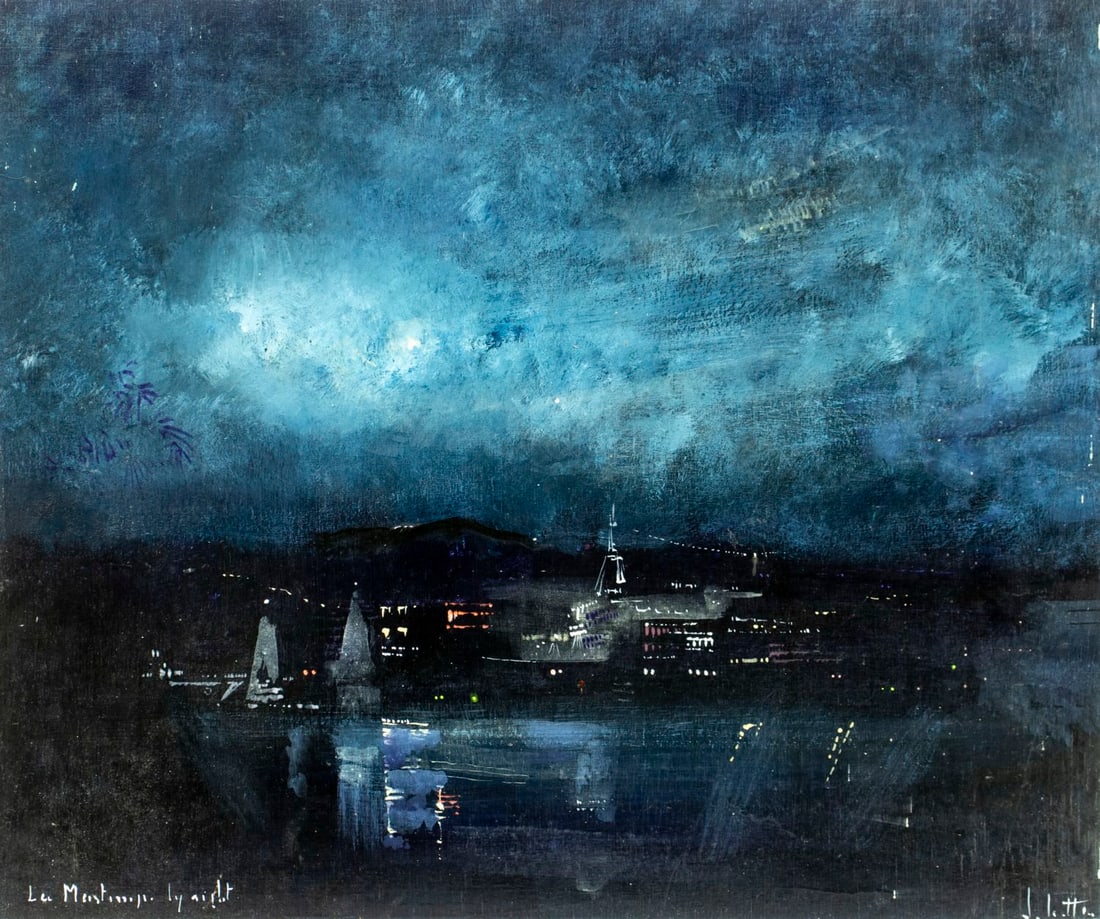 Vintage 20C European oil painting signed: ARTIST: - (Europe, 20 century) TITLE: Night Coastal Cityscape MEDIUM: oil on board CONDITION: Some small scratches/paint losses. No visible inpaint under UV light. Normal