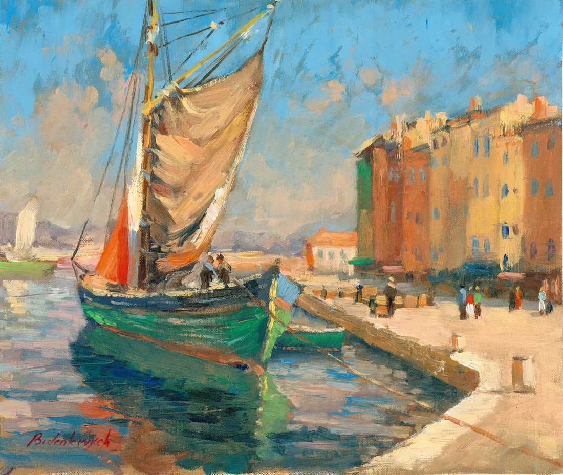 Volodymyr Budenkevych (Ukraine,20/21C) oil painting: ARTIST: Volodymyr Budenkevych (Ukrainian, 20/21 centuries) TITLE: Harbor Scene MEDIUM: oil on heavy paper CONDITION: Very good. No visible inpaint under UV light.