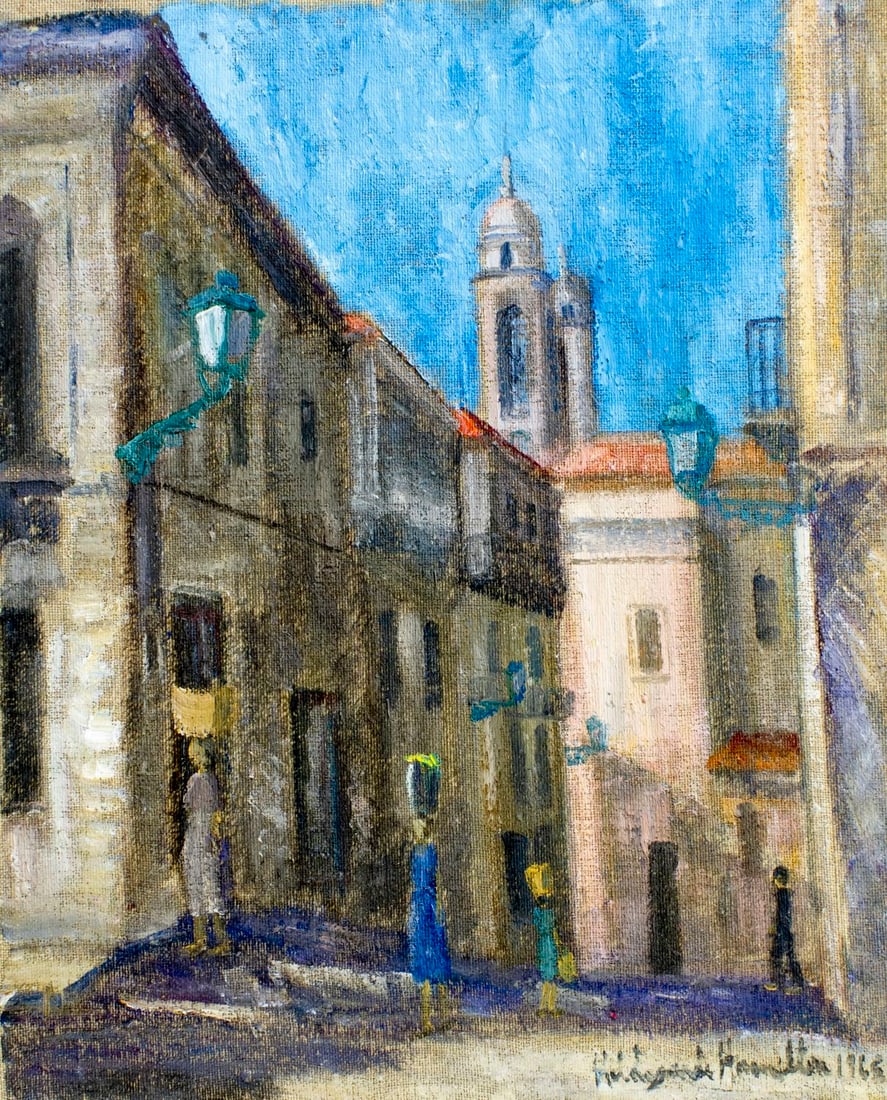 Hildegarde Hamilton (FL,VA,1898-1970) oil painting: ARTIST: Hildegarde Hume Hamilton (Florida, Virginia, 1898 - 1970) TITLE: Vigo Cityscape, Spain (titled on verso) YEAR: 1965 MEDIUM: oil on canvas CONDITION: