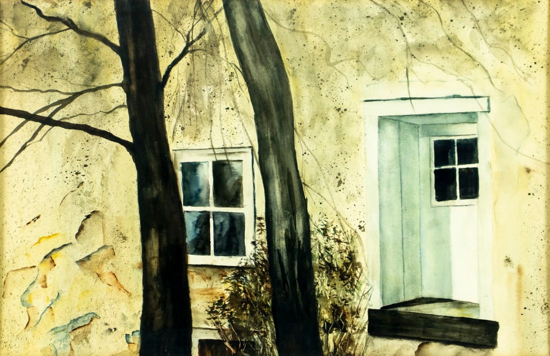 Vintage mid 20C American watercolor painting signed: ARTIST: - (United States, mid 20 century) TITLE: Cityscape - Autumn Scene with Cottage MEDIUM: watercolor on paper CONDITION: Some age toning. Framed under glass. Minor dama