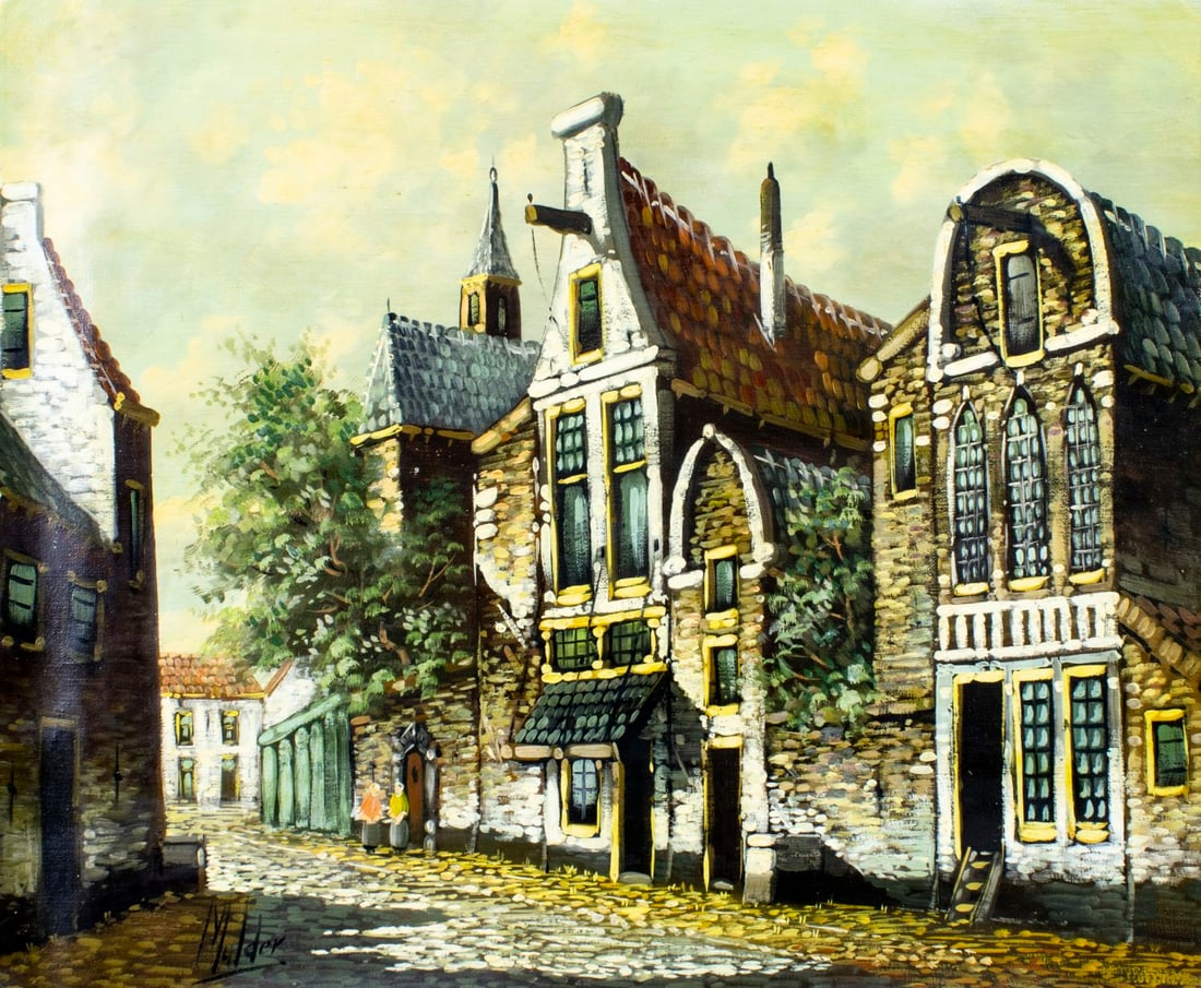 Mulder (Europe,20C) oil painting: ARTIST: Mulder (European, 20 century) TITLE: Cityscape MEDIUM: oil on canvas CONDITION: Unstretched (In-House stretching available) (In-House stretching available). Few mino