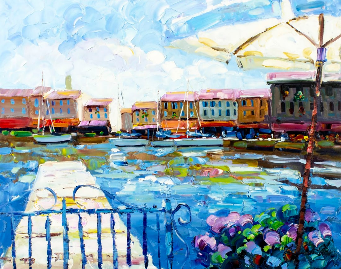 Lisandro Baylon (Argentina,US,1951-?) oil painting: ARTIST: Lisandro Lopez Baylon (Argentinian, American, 1951 - ???) TITLE: Canal Cityscape with Boats MEDIUM: oil on canvas CONDITION: Unstretched (In-House stretching avail