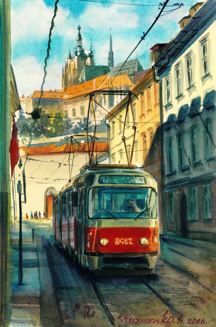 Sofia Kuzmenko (Ukraine,20/21C) watercolor painting: ARTIST: Sofia Kuzmenko (Ukrainian, 20/21 centuries) TITLE: Prague Cityscape with Tram, Czech Republic MEDIUM: watercolor on heavy paper CONDITION: Very good. ART