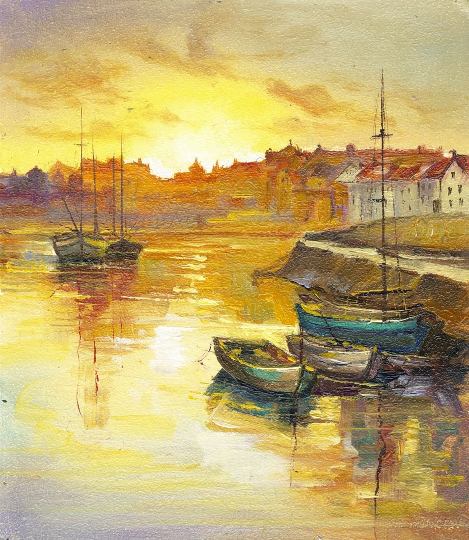 Sergey Kozachkin (Ukraine,b 1965) oil painting: ARTIST: Sergey Vasilievich Kozachkin (Ukrainian, born 1965) TITLE: Sunset Harbor Scene MEDIUM: oil on board CONDITION: Very good. No visible inpaint under UV light.