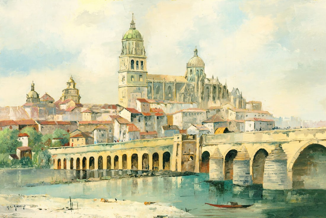 Karl Ludwig Gast (german,1907-?) oil painting: ARTIST: Karl Ludwig Gast (Germany, 1907 - ???) TITLE: Cityscape - Salamanca, Spain MEDIUM: oil on canvas CONDITION: Unstretched (In-House stretching available). Few minor