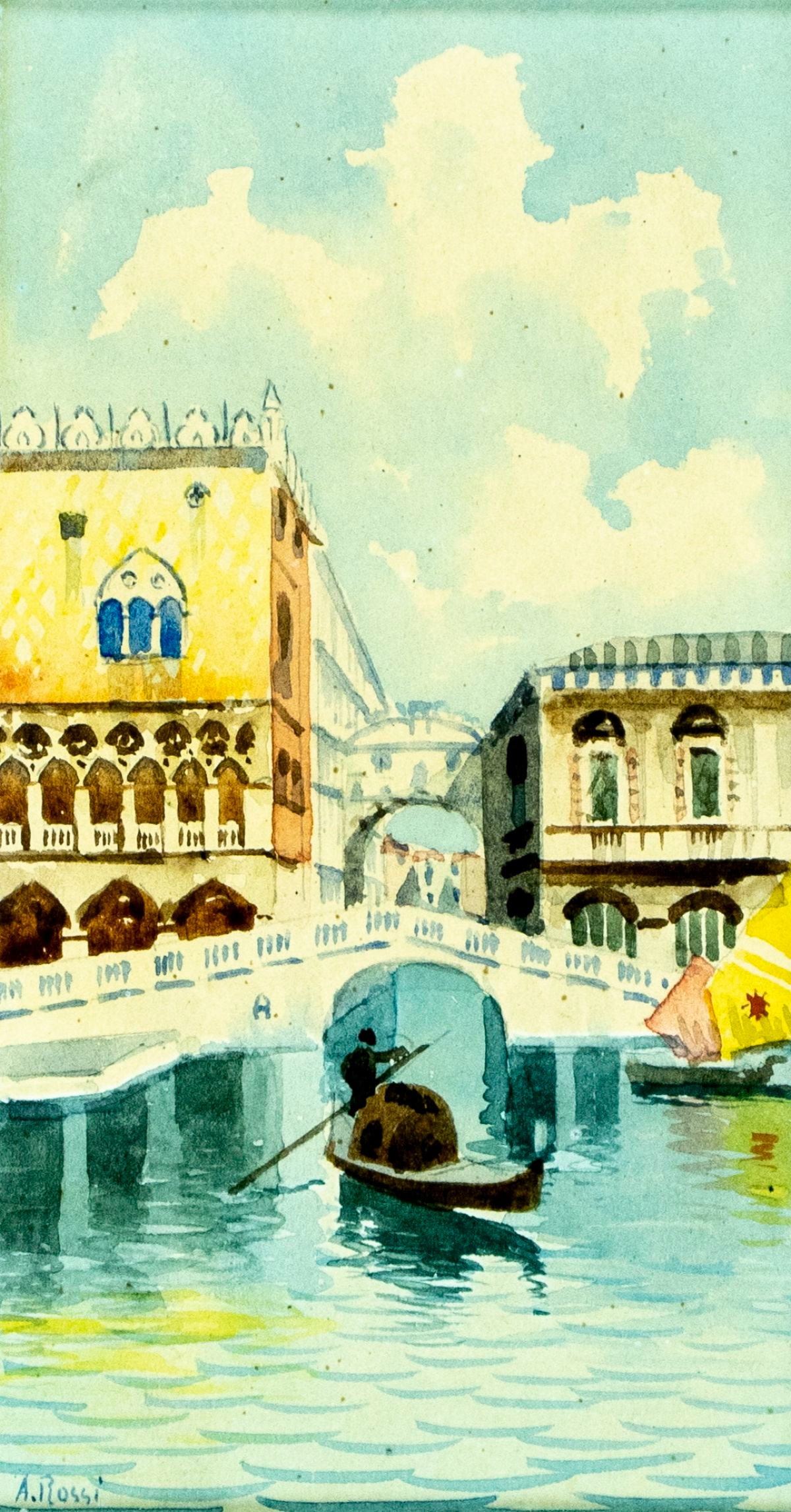 A Rossi (Italy,early 20C) watercolor painting antique: ARTIST: A Rossi (Italian, early 20 century) TITLE: Venice Cityscape MEDIUM: watercolor on paper CONDITION: Minor age toning. Some foxing. Framed under glass. Wear to frame.<