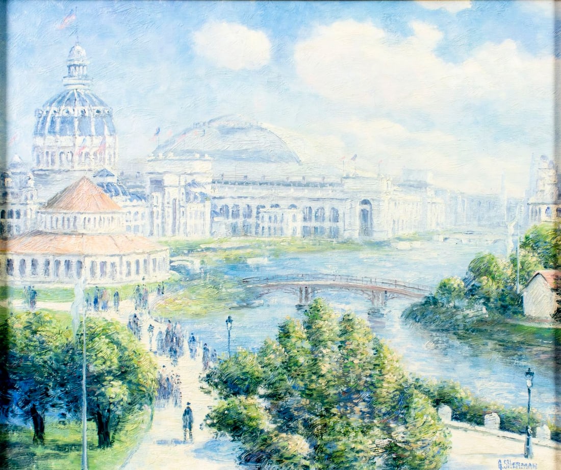 Gail Sherman Corbett (NY,1871-1952) oil painting: ARTIST: Gail Sherman Corbett (New York, 1871 - 1952) TITLE: River Cityscape MEDIUM: oil on canvas. Canvas applied to board. CONDITION: Missing a few flakes of paint. Some