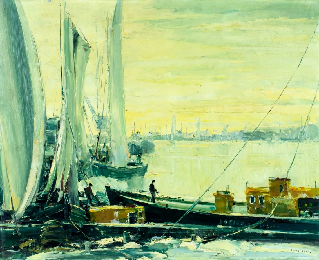 Vintage 20C American oil painting signed: ARTIST: - (American, 20 century) TITLE: Harbor Scene MEDIUM: oil on board CONDITION: Minor damages to corners. Some small scratches/paint losses. No visible inpaint under