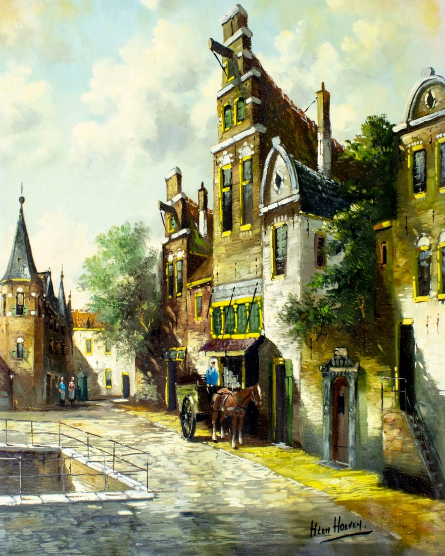 Hendrik Ten Hoven (Dutch,1901-1978) oil painting: ARTIST: Hendrik Ten Hoven (Netherlands, 1901 - 1978) TITLE: Cityscape MEDIUM: oil on canvas CONDITION: Unstretched (In-House stretching available) (In-House stretching ava
