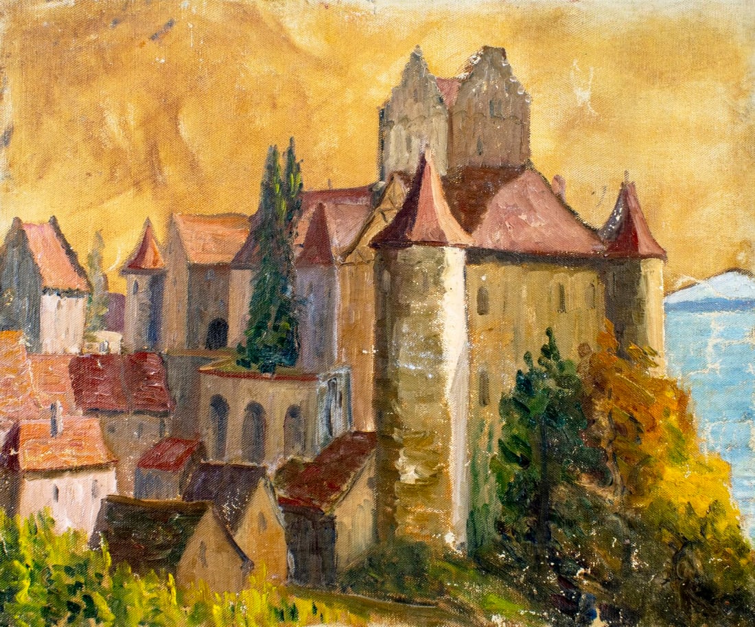 Hildegarde Hamilton (FL,VA,1898-1970) oil painting: ARTIST: Hildegarde Hume Hamilton (Florida, Virginia, 1898 - 1970) TITLE: Cityscape MEDIUM: oil on canvas CONDITION: Unstretched (In-House stretching available) (In-House s