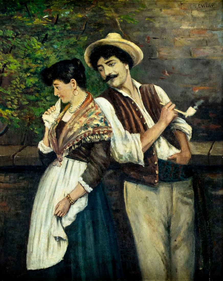 C Villar (Europe,19C) oil painting antique: ARTIST: C Villar (European, 19 century) TITLE: Courting Couple MEDIUM: oil on canvas CONDITION: Missing a few flakes of paint. Some craquelure. No visible inpaint under UV l