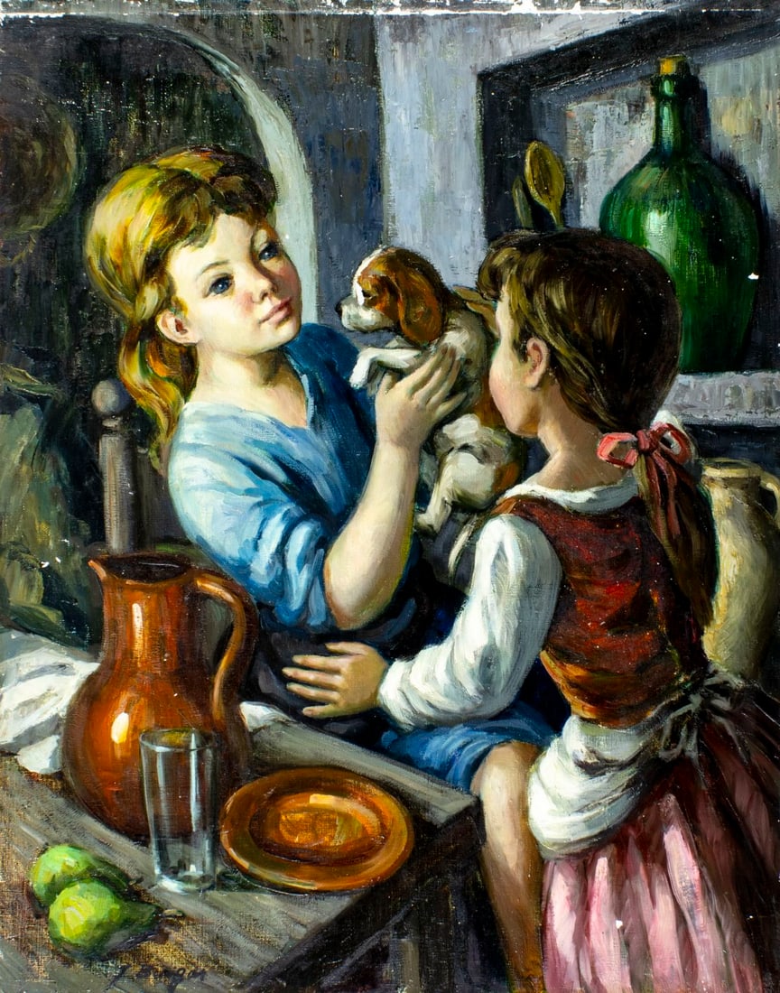 Jose Buigas (Spain,1927-?) oil painting: ARTIST: Jose Buigas (Spanish, 1927 - ???) TITLE: Girls with Puppy MEDIUM: oil on canvas CONDITION: Unstretched (In-House stretching available) (In-House stretching availa