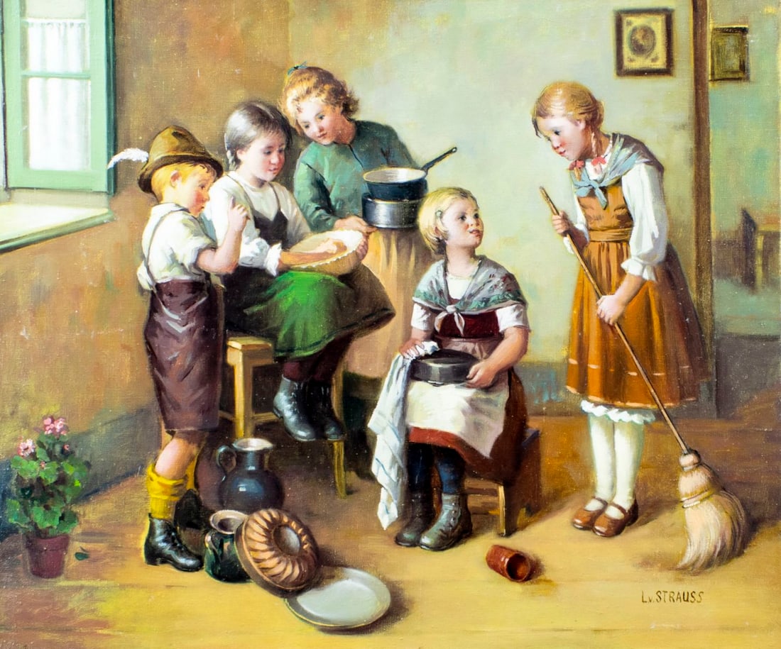 L V Strauss (German,20C) oil painting: ARTIST: L V Strauss (Germany, 20 century) TITLE: Cleaning the House MEDIUM: oil on canvas CONDITION: Unstretched (In-House stretching available) (In-House stretching availab