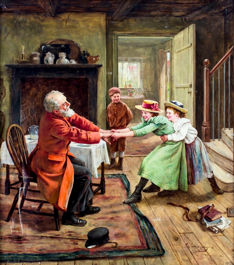 John Hayes (UK,1786-1866) oil painting antique: ARTIST: John Hayes (British, 1786 - 1866) TITLE: Tug Of War MEDIUM: oil on canvas CONDITION: Few patches. Some scratches/paint losses. Minor craquelure. No visible inpaint