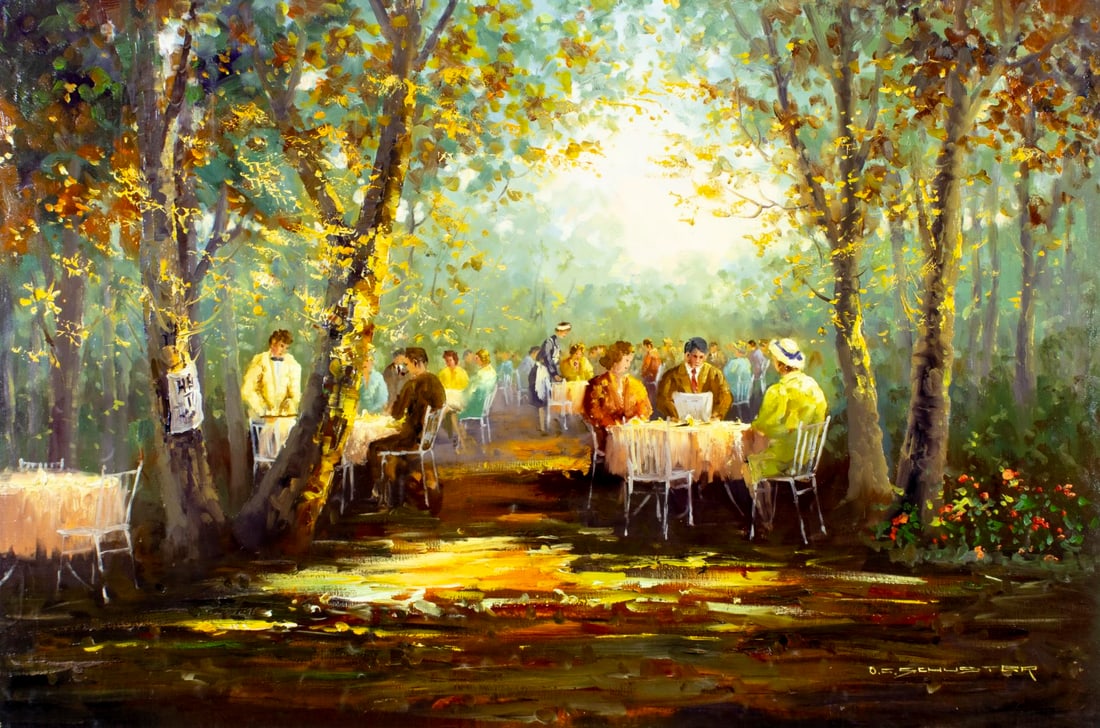 Otto Schuster (German,1924-?) oil painting: ARTIST: Otto C Schuster (Germany, 1924 - ???) TITLE: Outdoor Cafe Scene MEDIUM: oil on canvas CONDITION: Unstretched (In-House stretching available) (In-House stretching a