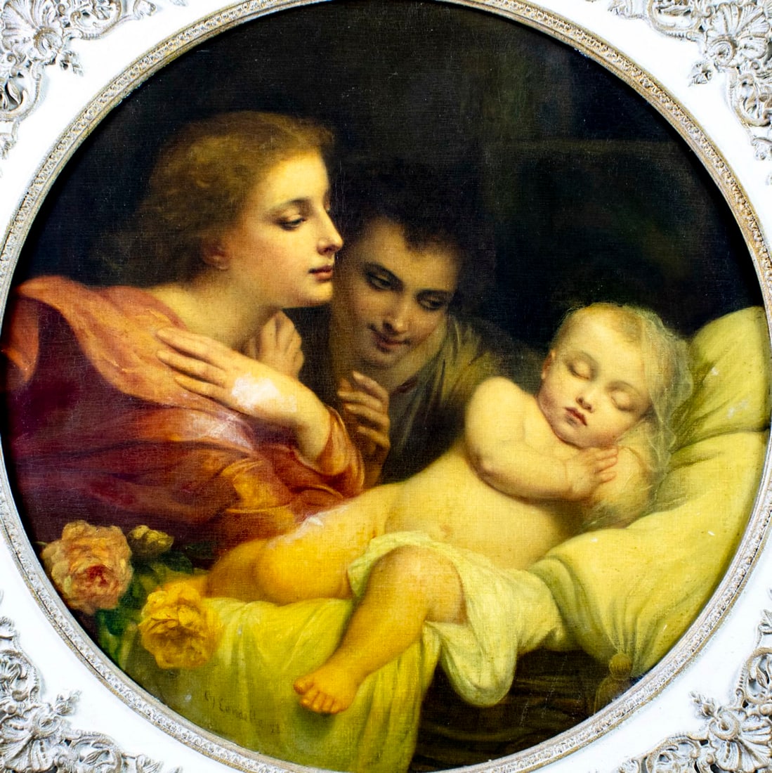 Charles Zacharie Landelle (France,1821-1908) oil painting antique: ARTIST: Charles Zacharie Landelle (French, 1821 - 1908) TITLE: Sleeping Child with Parents YEAR: 1898 MEDIUM: oil on canvas CONDITION: Few minor scratc