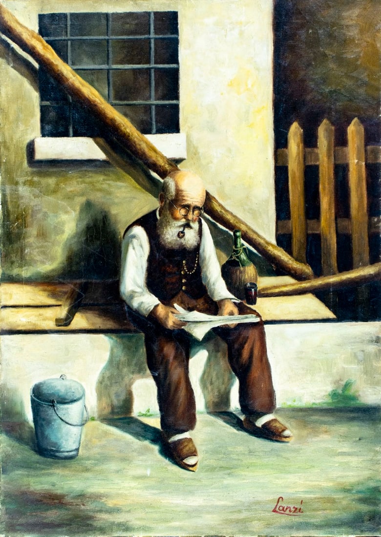 Lanzi (Italy,mid 20C) oil painting: ARTIST: Lanzi (Italian, mid 20 century) TITLE: Old Man Reading Newspaper MEDIUM: oil on canvas CONDITION: Some scratches. Minor craquelure. Some scattered minor inpaintings.