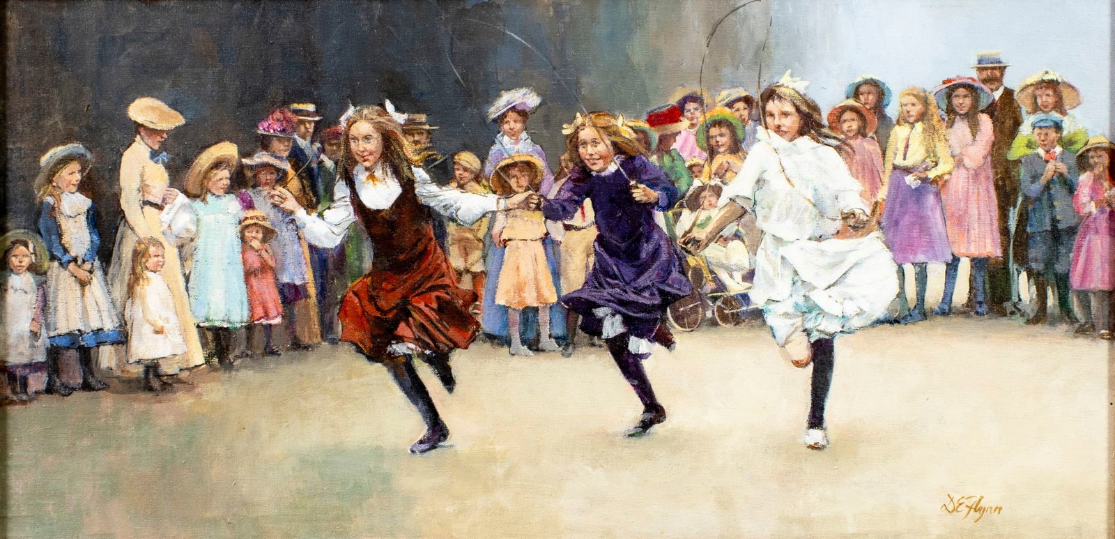 Dianne Elizabeth Flynn (UK,1939-?) oil painting: ARTIST: Dianne Elizabeth Flynn (United Kingdom, 1939 - ???) TITLE: Girls Playing MEDIUM: oil on canvas CONDITION: Very good. No visible inpaint under UV light.