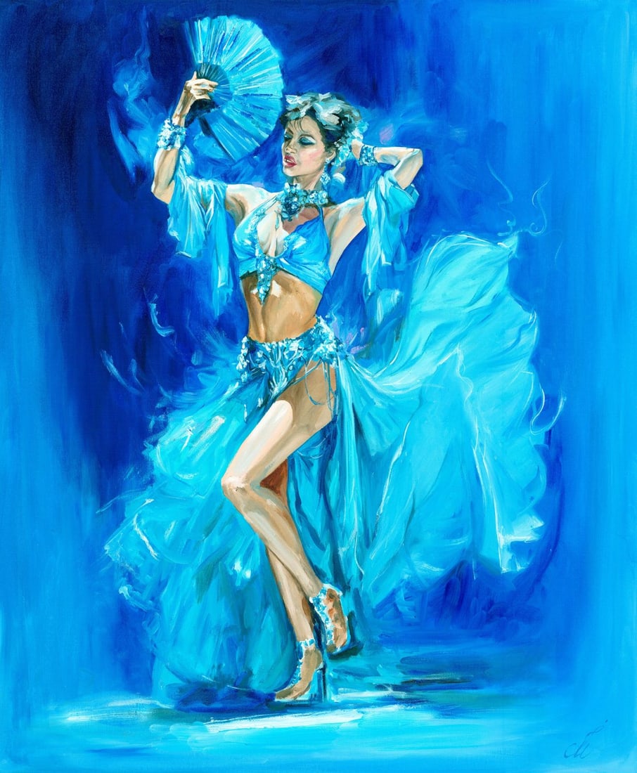 Inna Melnichuk (Ukraine,b 1978) oil painting: ARTIST: Inna Melnichuk (Ukraine, born 1978) TITLE: Dancer with Fan MEDIUM: oil on canvas CONDITION: Unstretched (In-House stretching available). Very good. No visible inpain