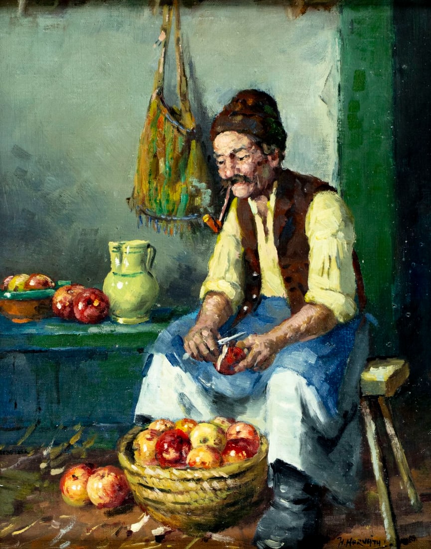 H Horvath (Hungary,20C) oil painting: ARTIST: H Horvath (Hungarian, 20 century) TITLE: Man Peeling Apples MEDIUM: oil on canvas CONDITION: Few very minor paint losses along the right edge. Some craquelure. No vi