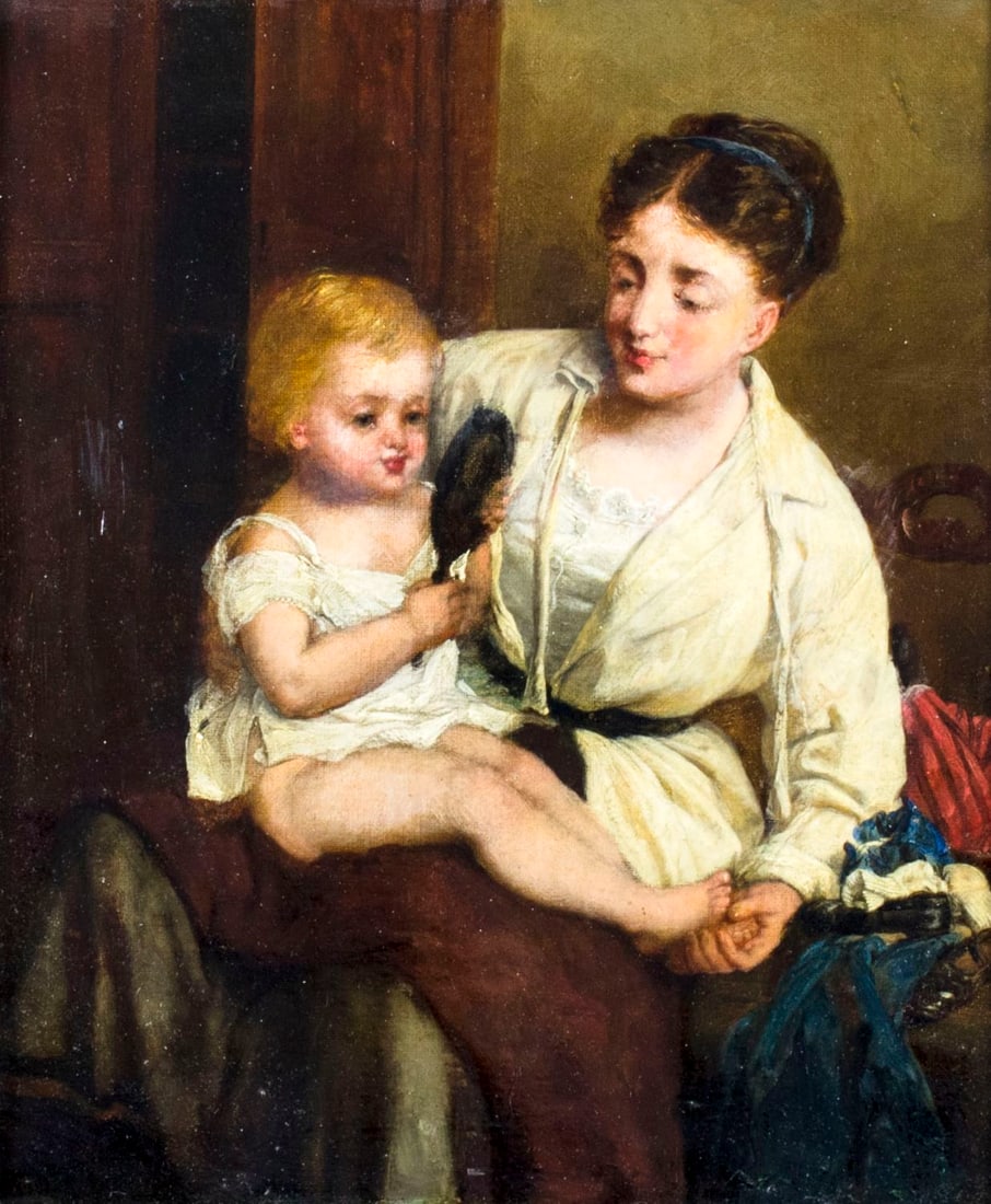 William Oliver (France,UK,1823-1901) oil painting antique: ARTIST: William Oliver (French, English, 1823 - 1901) NAME: Mother and Child MEDIUM: oil on canvas CONDITION: Minor craquelure. Few small scattered inpaitings mostly along left and bottom ed