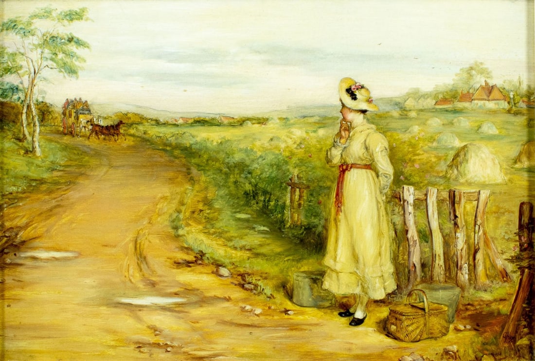 George Hay (UK,1831-1913) oil painting antique: ARTIST: George Hay (United Kingdom, 1831 - 1913) TITLE: Woman Waiting by the Roadside MEDIUM: oil on canvas CONDITION: Missing a few flakes of paint. No visible inpaint un