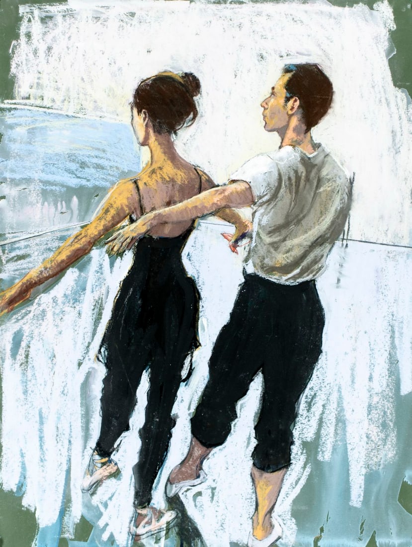 Rhoda Yanow (NJ,20C) pastel painting: ARTIST: Rhoda Yanow (New Jersey, 20 century) TITLE: Dancing Couple MEDIUM: pastel on heavy paper CONDITION: Two pinholes by the upper corners. Some scratches mostly in the l