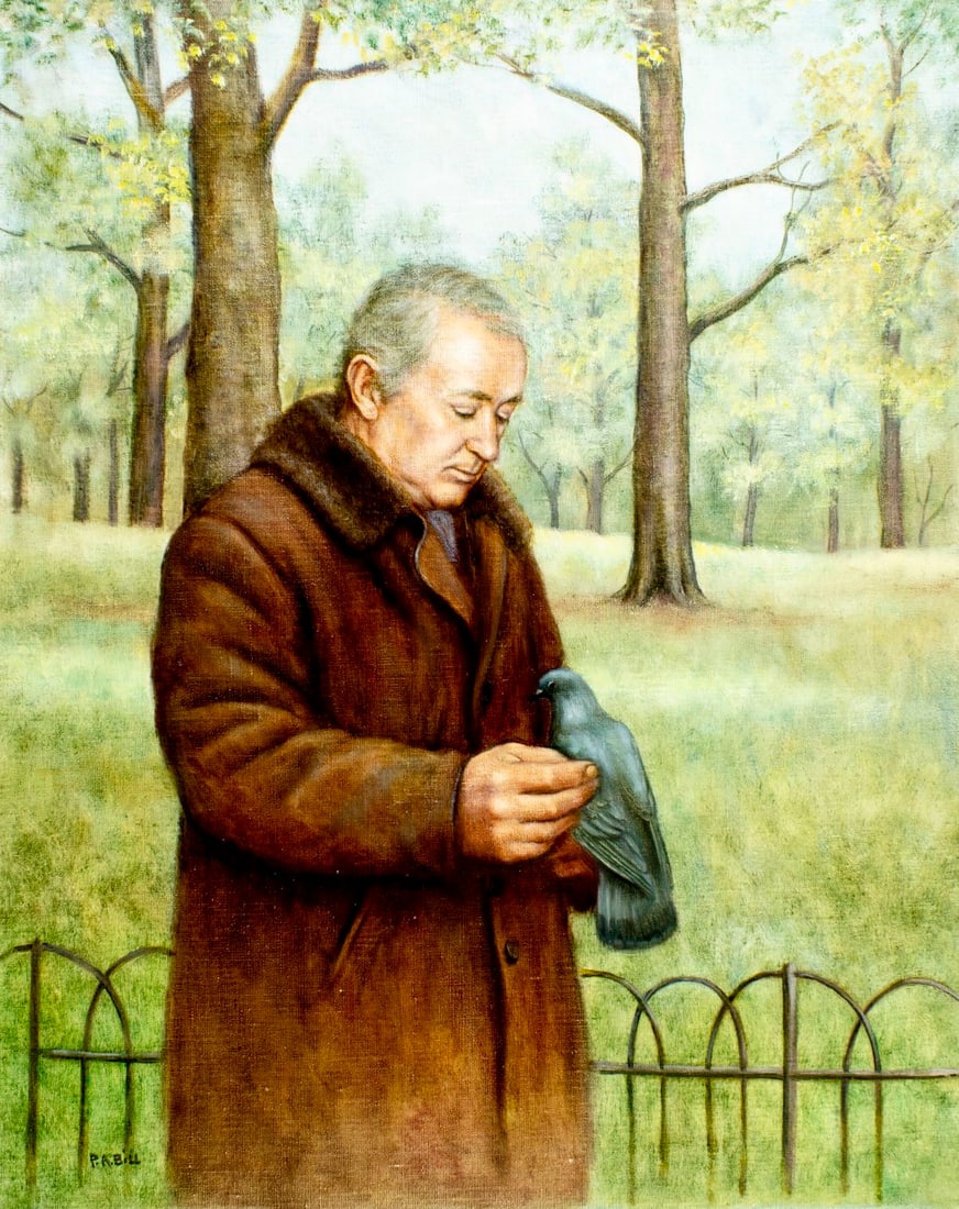 Peter A Bill (UK,1936-2014) oil painting: ARTIST: Peter A Bill (United Kingdom, 1936 - 2014) TITLE: Man with Pigeon MEDIUM: oil on canvas CONDITION: Unstretched (In-House stretching available) (In-House stretching