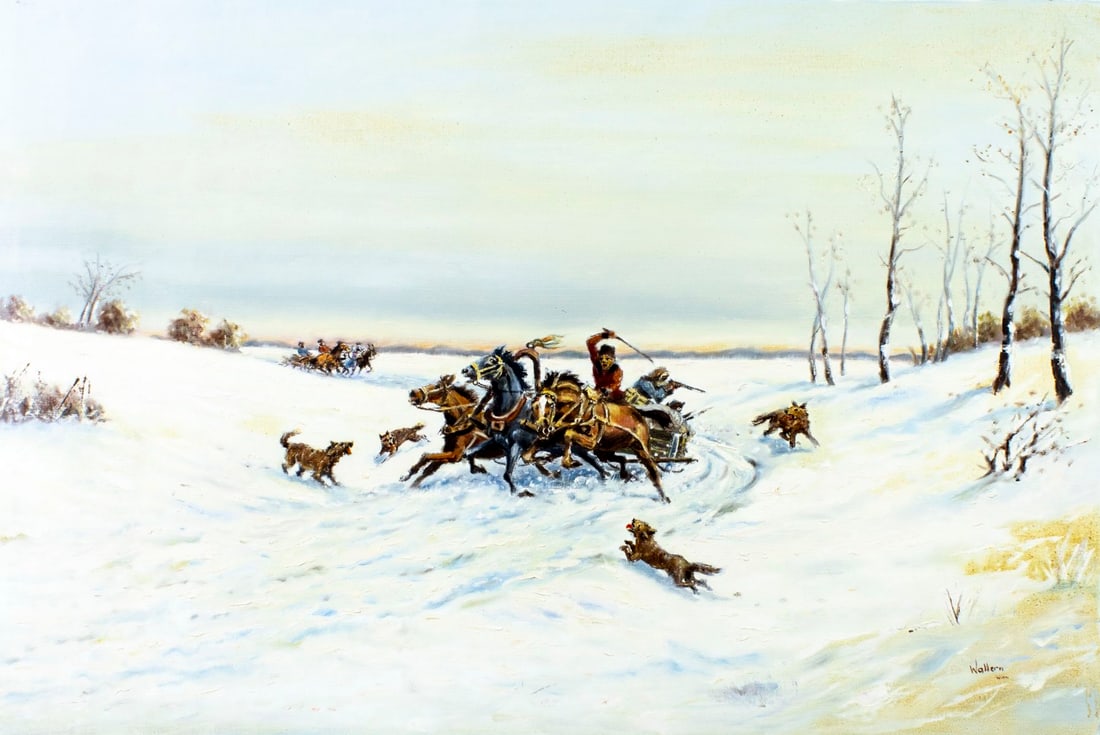W Wallern (Austria,20C) oil painting: ARTIST: W Wallern (Austrian, 20 century) TITLE: Winter Landscape with Horse Carriage MEDIUM: oil on canvas CONDITION: Unstretched (In-House stretching available) (In-House