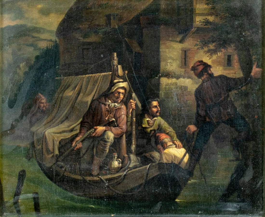 Antique early 20C European oil painting signed: ARTIST: - (Europe, early 20 century) TITLE: Escape of William Tell and Smugglers MEDIUM: oil on canvas CONDITION: One patch-repaired tear with corresponding paint losses.