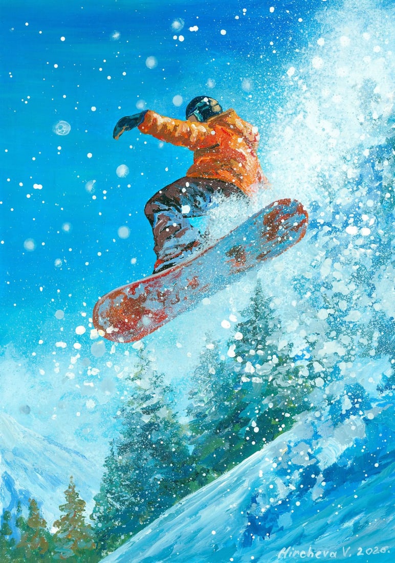 Valeria Mircheva (Ukraine,20/21C) acrylic painting: ARTIST: Valeria Mircheva (Ukrainian, 20/21 centuries) TITLE: Snowboarder Jumping MEDIUM: acrylic on heavy paper CONDITION: Very good. ART SIZE: 12 x 8 in
