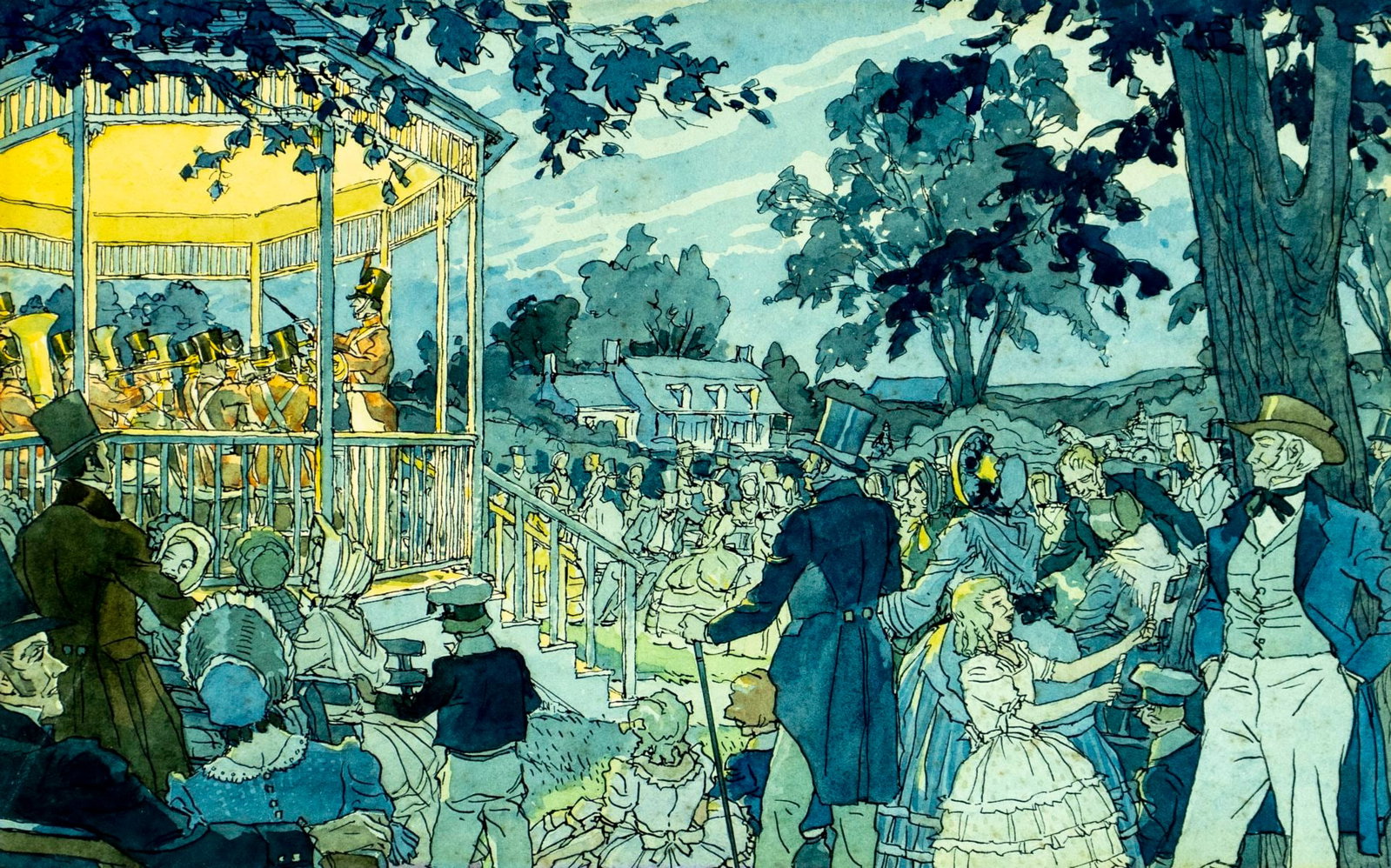 Antique early 20C American watercolor painting: ARTIST: - (American, early 20 century) TITLE: Southern Antebellum Town Band Stand MEDIUM: watercolor on board CONDITION: Some age toning. Some faint foxing. Normal wear al