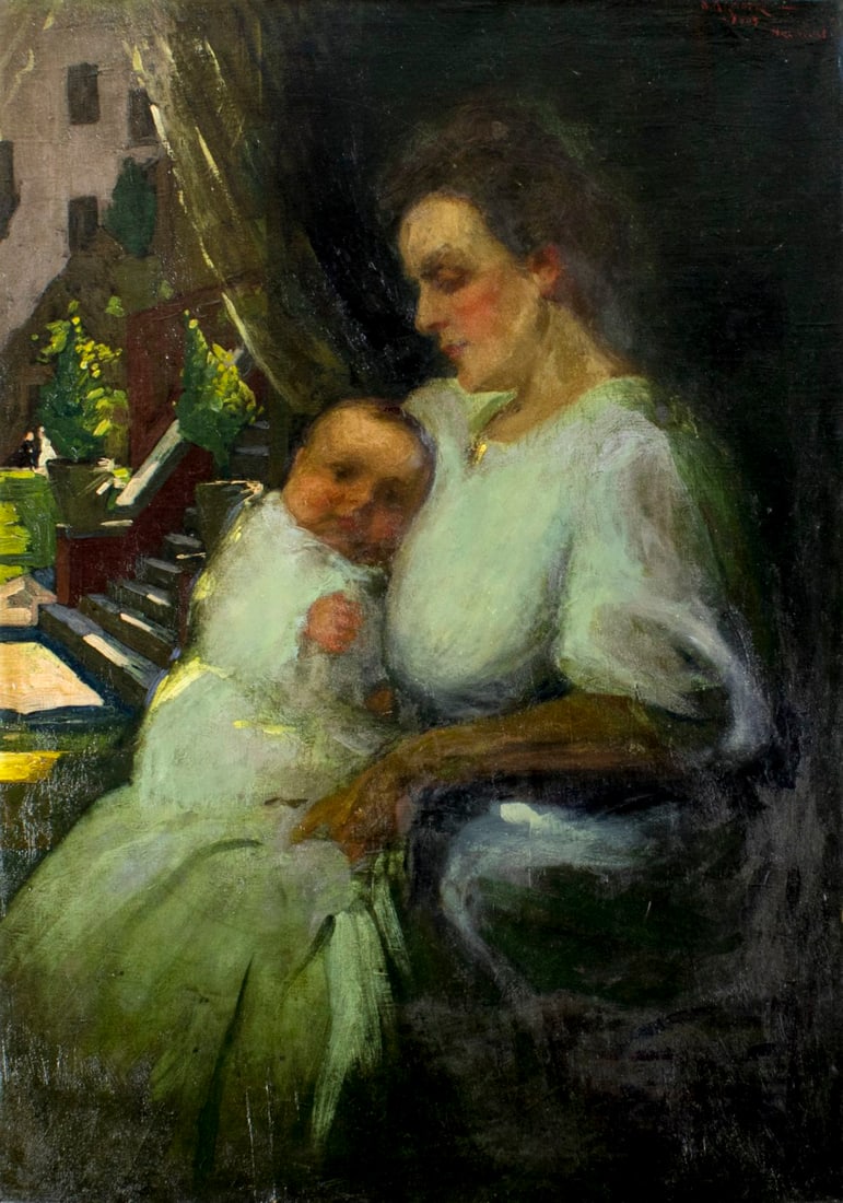Carl Bennett Linder (NY,Finland,1886-1981) oil painting antique: ARTIST: Carl Bennett Linder (New York, Finnish, 1886 - 1981) NAME: Mother and Child YEAR: 1907 MEDIUM: oil on canvas CONDITION: Relined. Minor craquelure. Some tears rest