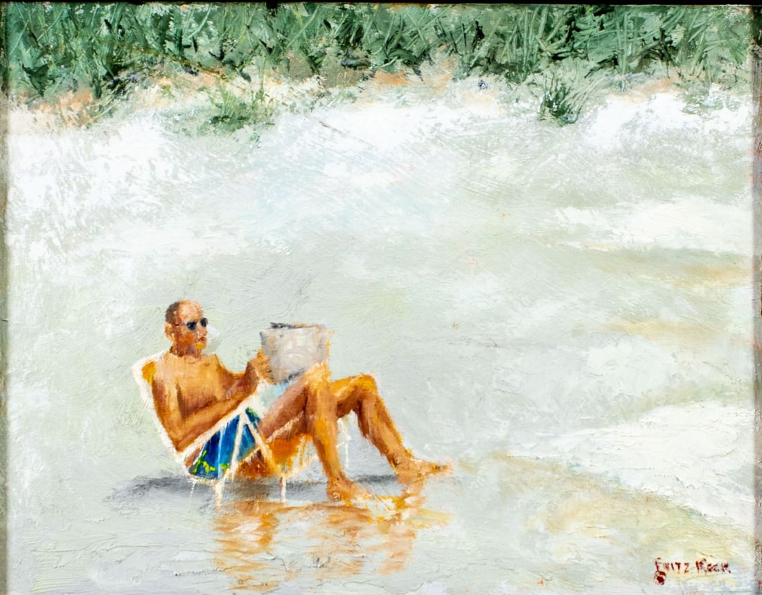 Fritz Keck (FL,1940-?) oil painting: ARTIST: Fritz Keck (Florida, 1940 - ???) TITLE: Man on the Beach MEDIUM: oil on board CONDITION: One faint scratch. No visible inpaint under UV light. ART SIZE