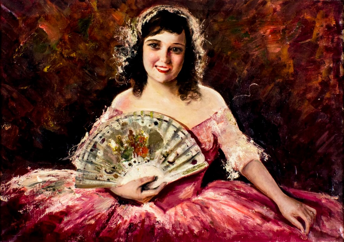 Ernesto Fontana (Italy,1837-1918) oil painting antique: ARTIST: Ernesto Fontana (Italian, 1837 - 1918) NAME: Lady with Fan MEDIUM: oil on canvas CONDITION: Missing few flakes of paint. One sratch 4" long. Some craquelure. No visible inpaint under