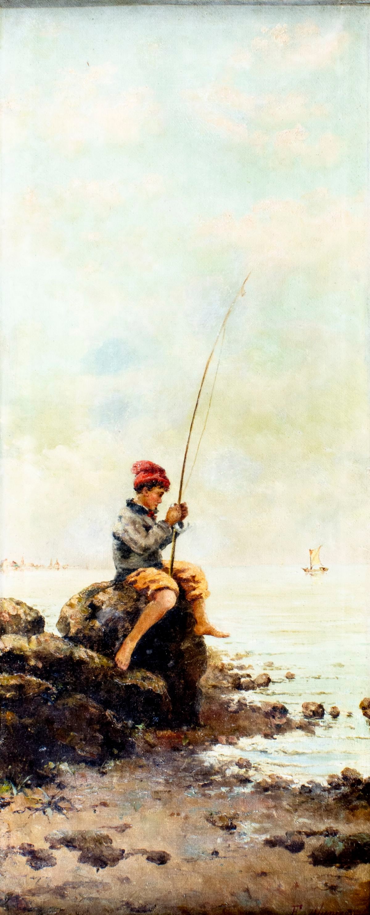 E Munier (Europe,19C) oil painting antique: ARTIST: E Munier (European, 19 century) TITLE: Boy Fishing MEDIUM: oil on canvas CONDITION: Some patches. Some small paint losses. Some scattered inpaintings. Some damages