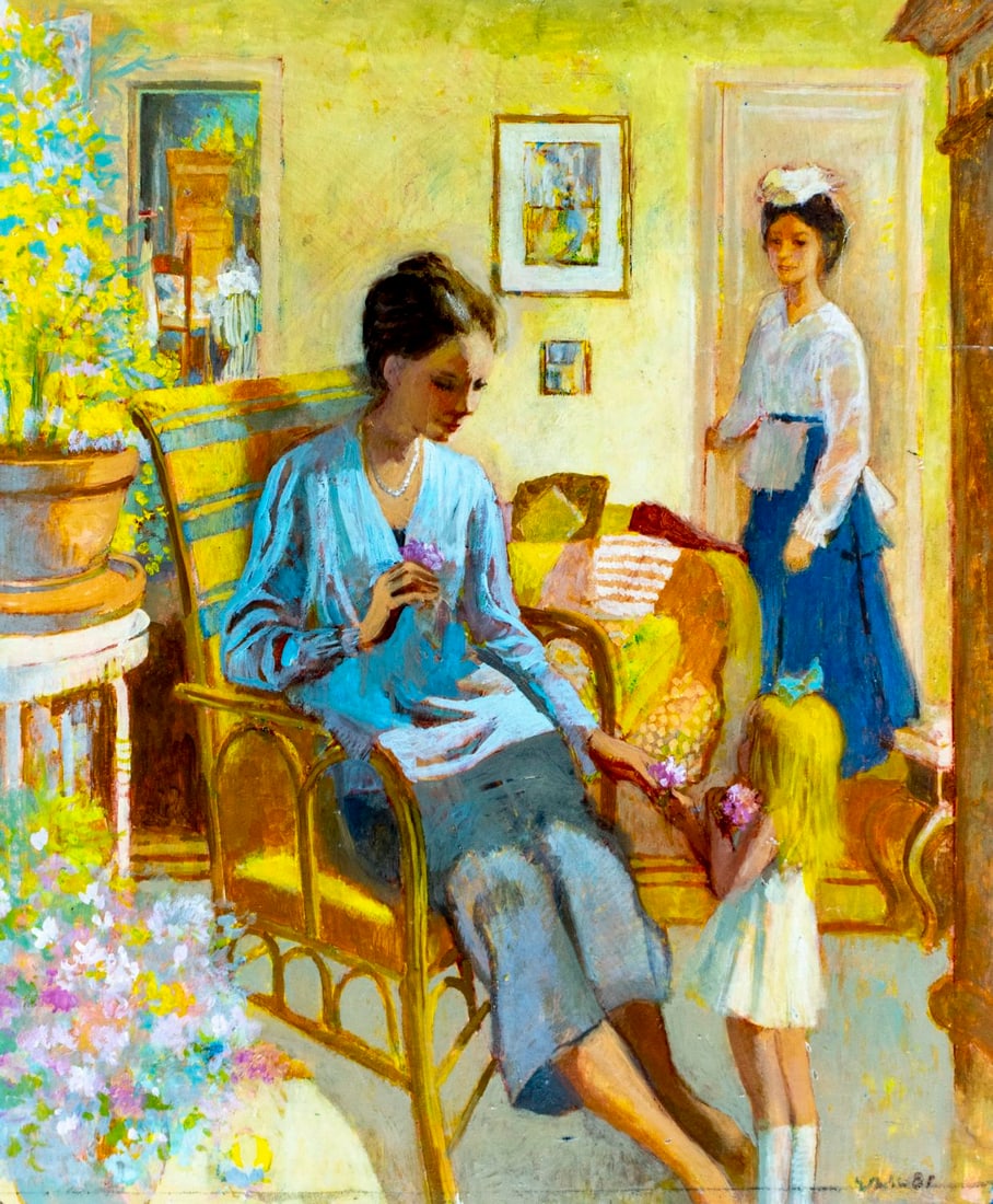 Vintage 20C American oil painting signed: ARTIST: - (Unted States, 20 century) TITLE: Mother and Daughter YEAR: 1981 MEDIUM: oil on board CONDITION: Minor damages to corners and the left edge. Fe