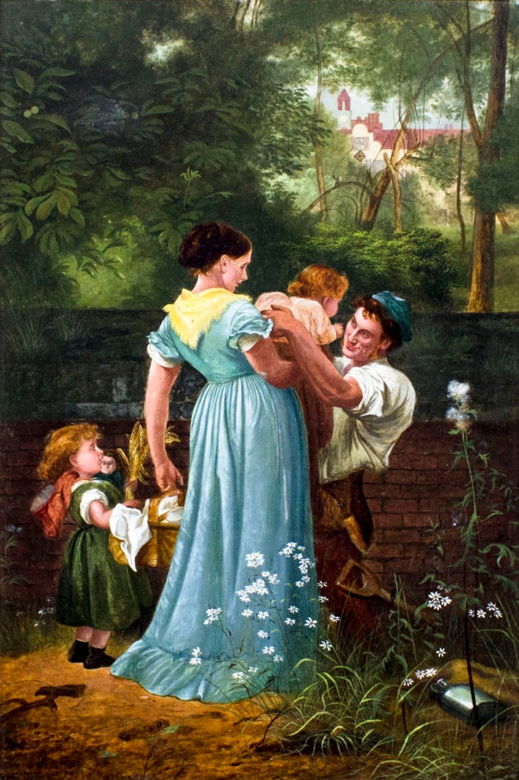 J Bright (US,19C) oil painting antique: ARTIST: J Bright (American, 19 century) TITLE: Family Reunion MEDIUM: oil on canvas CONDITION: Relined. Very minor craquelure. Few scattered inpaintings under UV light. Mino