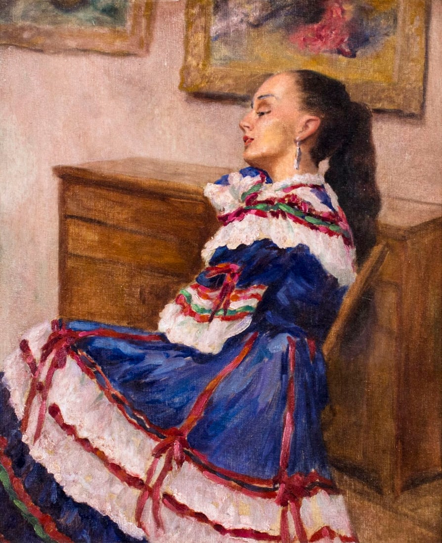 Sanders (US, mid 20C) oil painting: ARTIST: Sanders (American, mid 20 century) NAME: Woman Sitting on Chair MEDIUM: oil on canvas board CONDITION: Minor damage to upper left corner. No visible inpaint under UV light. Some dama