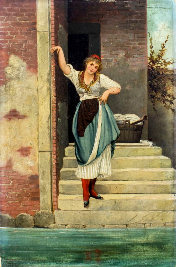 Antique early 20C Italian oil painting: ARTIST: - (Italian, early 20 century) NAME: Italian Woman - Ninetta MEDIUM: oil on board CONDITION: Missing a few flakes of paint. Normal wear along edges. Very minor craquelure. No visible