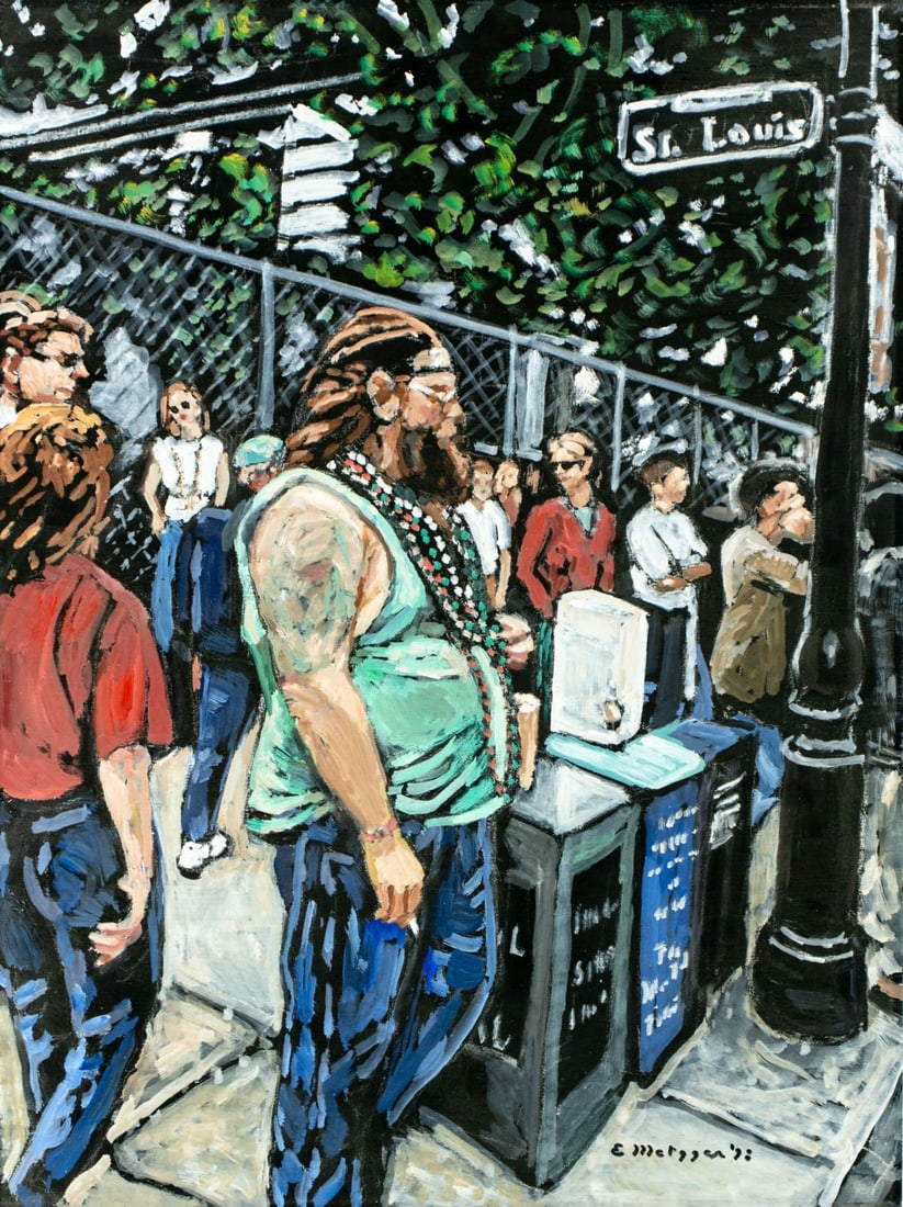 Evelyn Metzger (NY,Brazil,1911-2007) oil painting: ARTIST: Evelyn Borchard Metzger (New York, Brazilian, 1911 - 2007) TITLE: Street Scene YEAR: 1998 MEDIUM: oil on board CONDITION: Overall good. No visi