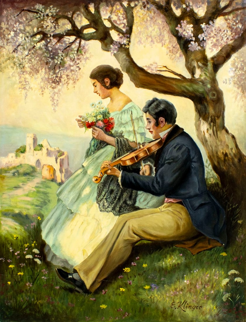 E Klinger (Europe,20C) oil painting: ARTIST: E Klinger (European, 20 century) TITLE: Courting Couple MEDIUM: oil on canvas CONDITION: Unstretched (In-House stretching available) (In-House stretching available).