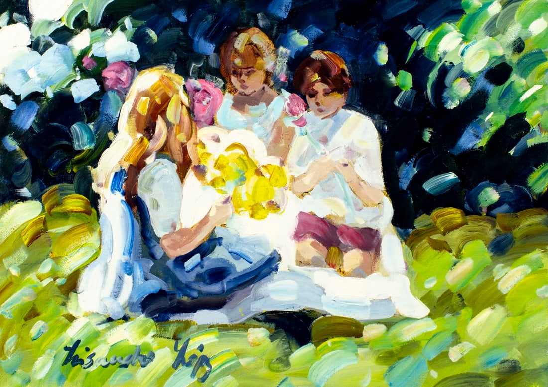 Lisandro Baylon (Argentina,US,1951-?) oil painting: ARTIST: Lisandro Lopez Baylon (Argentinian, American, 1951 - ???) TITLE: Girls at Picnic MEDIUM: oil on canvas CONDITION: Unstretched (In-House stretching available) (In-H
