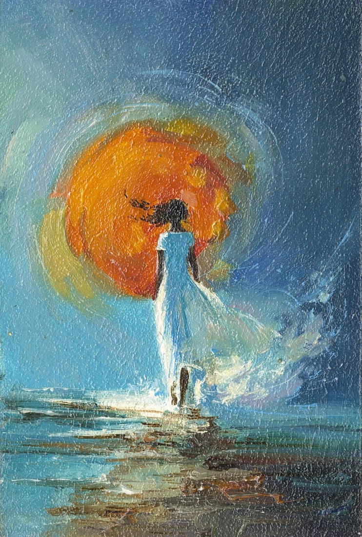 Sergey Kozachkin (Ukraine,b 1965) oil painting antique: ARTIST: Sergey Vasilievich Kozachkin (Ukraine, born 1965) TITLE: Woman at Sunset MEDIUM: oil on board CONDITION: Very good. No visible inpaint under UV light. ART