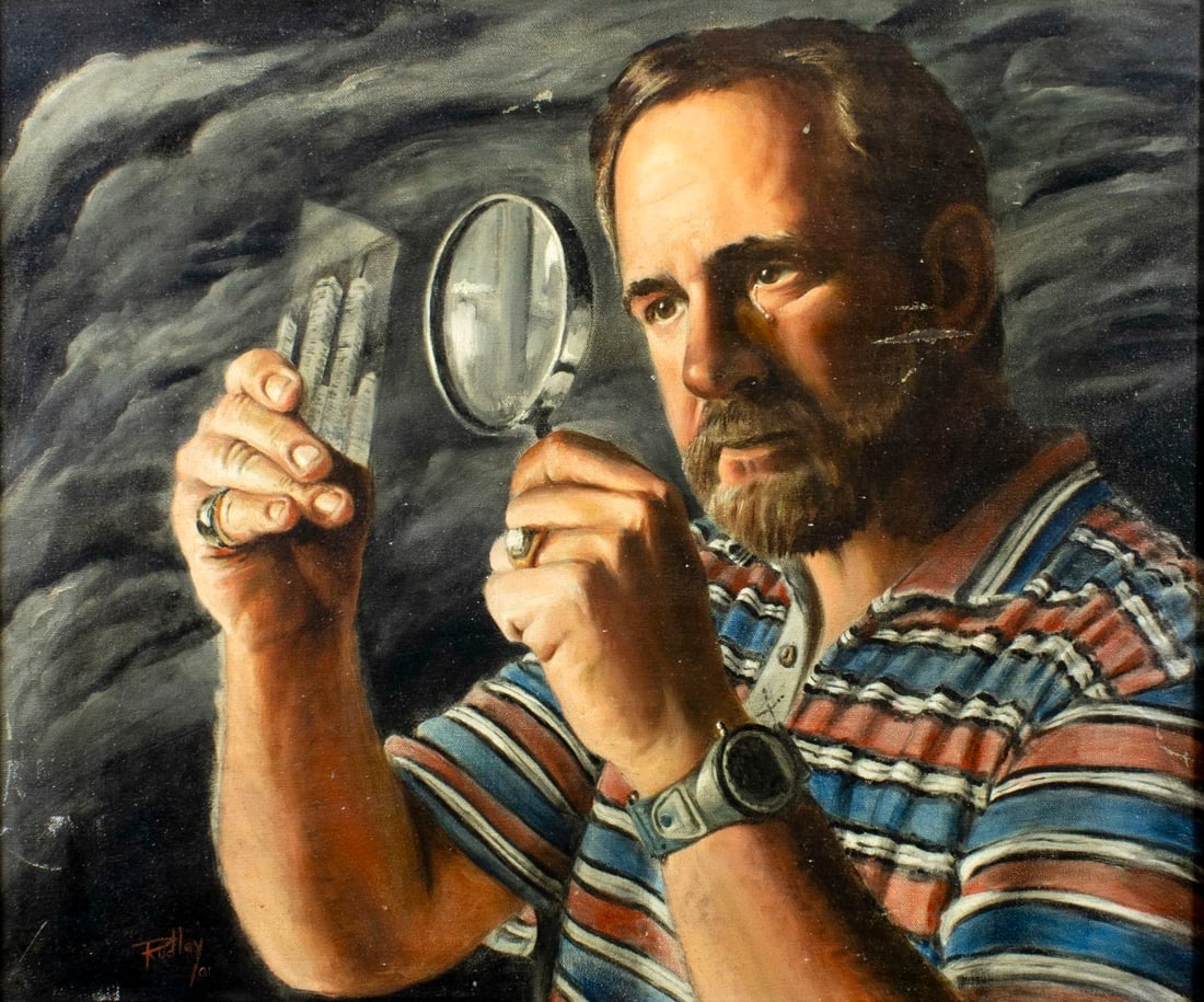 Irv Rudley (FL,20/21C) oil painting: ARTIST: Irv Rudley (Florida, 20/21 centuries) TITLE: 9-11-01 YEAR: 2001 MEDIUM: oil on canvas CONDITION: Some scratches/paint losses. No visible inpaint
